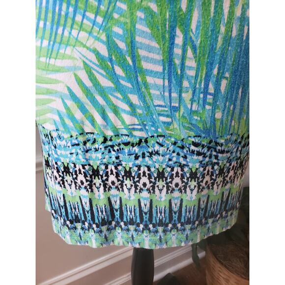 Ruby Rd. Blouse Top Womens XL White Blue Palm Leafs Side Slit Keyhole Round Neck - Picture 10 of 13